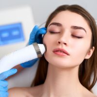 Beautician doctor doing rf-lifting procedure for flawless woman face laying on medical chair in a beauty salon. Hardware cosmetology. Patient receiving electric facial massage. Skin rejuvenation and wrinkle smoothing.